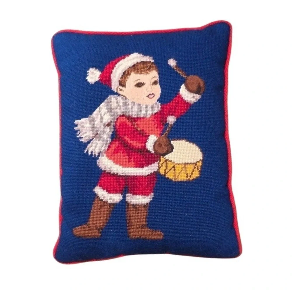 Vintage Christmas Needlepoint Throw Pillow, Little Drummer, Red Corduroy 15